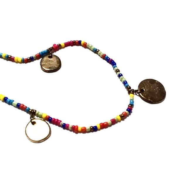 Boho Inspired Multi Color Seed Bead and Gold Disc Charm Necklace - Picture 6 of 6